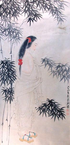 Chang dai chien Schönheit in roten Haarkern Holzschuhe weißen Robe Bambuss 1980 alte China Tinte Ölgemälde
